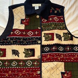 Women’s Vintage Chrysantheme Patchwork Fall Leaves Embroidered Vest Size L